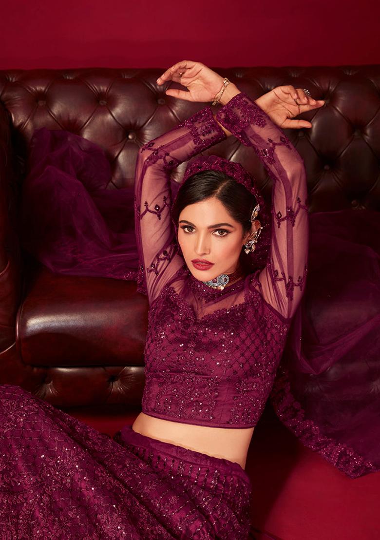 Purple Sequin Embroidered Net Lehenga Set