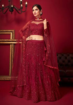 Maroon Embroidered Net Lehenga Set
