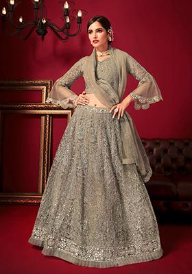 Grey Embroidered Net Lehenga Set