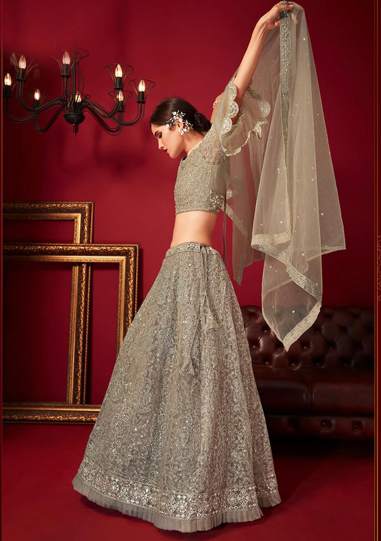 Grey Embroidered Net Lehenga Set