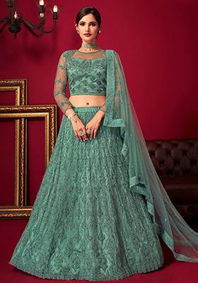 Aqua Blue Embroidered Net Lehenga Set