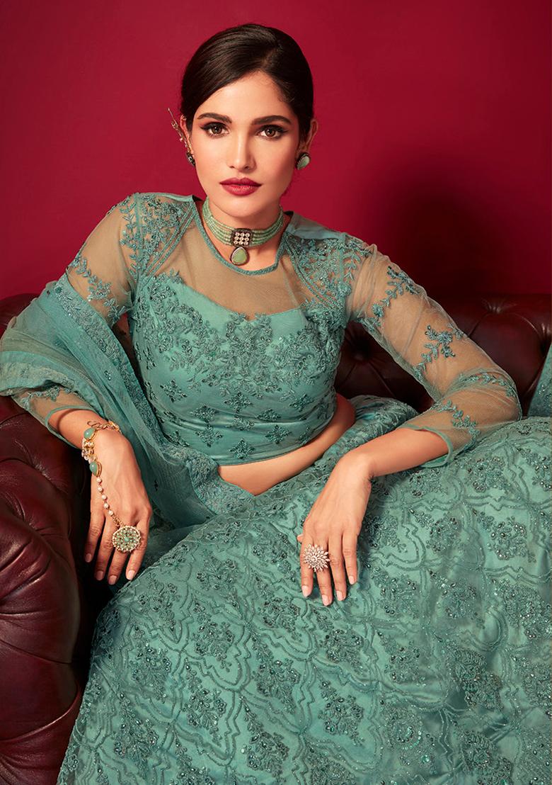 Aqua Blue Embroidered Net Lehenga Set