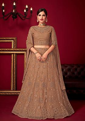 Peach Embroidered Net Lehenga Set