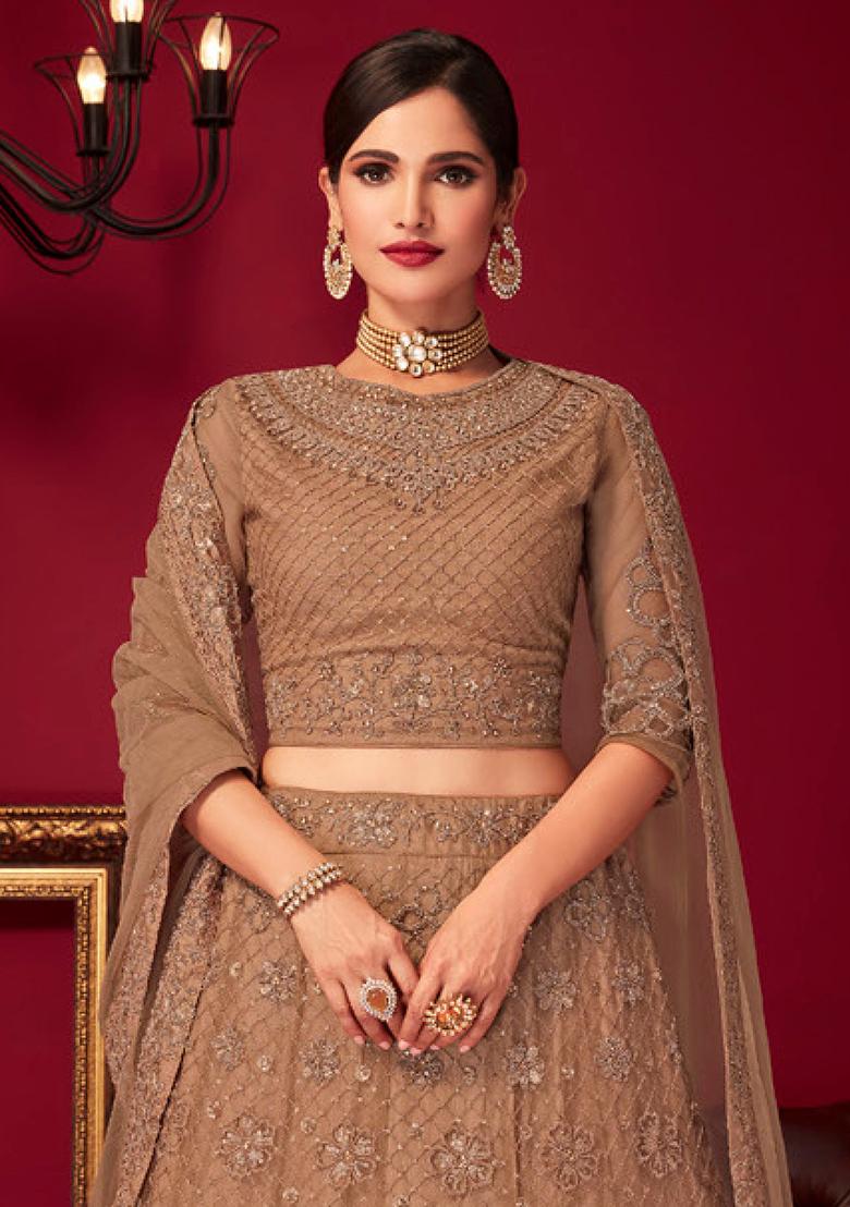 Peach Embroidered Net Lehenga Set