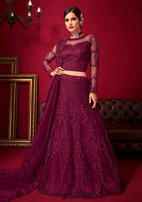 Purple Embroidered Net Lehenga Set