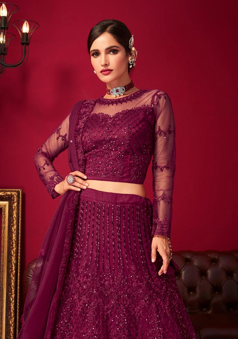 Purple Embroidered Net Lehenga Set