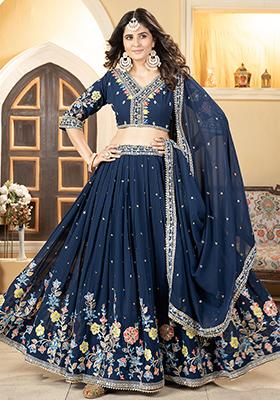 Dark Blue Sequin Embroidered Satin Lehenga Set