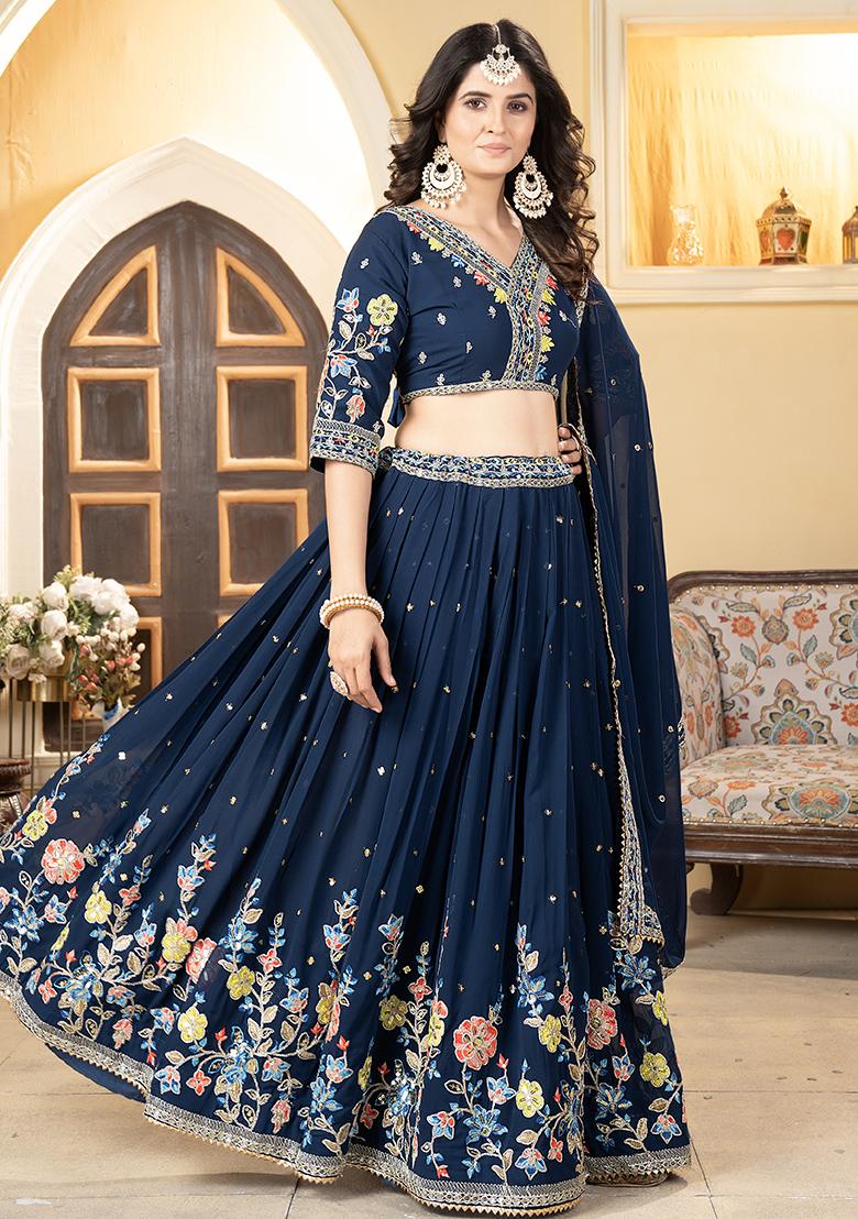 Dark Blue Sequin Embroidered Satin Lehenga Set