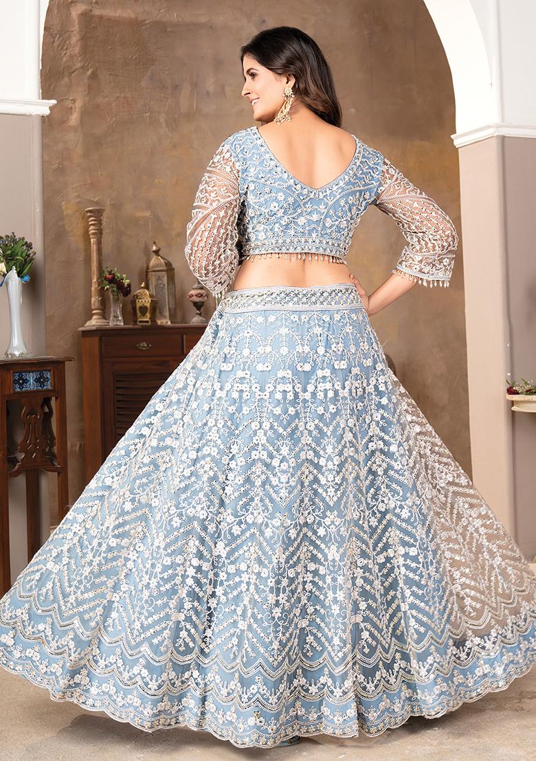 Sky Blue Sequin Embroidered Satin Lehenga Set