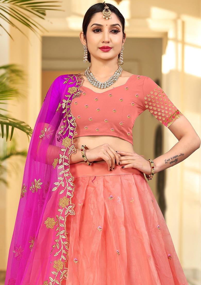 Peach Embroidered Organza Lehenga Set