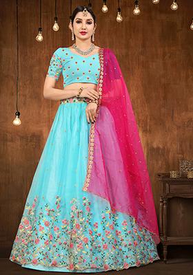 Aqua Blue Embroidered Organza Lehenga Set