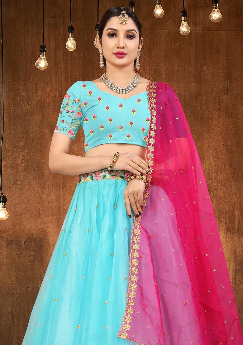 Aqua Blue Embroidered Organza Lehenga Set