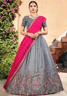 Grey Embroidered Organza Lehenga Set