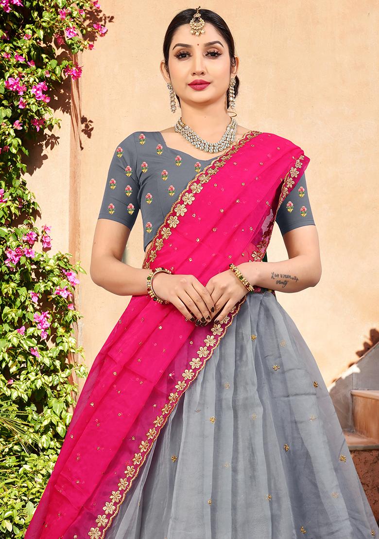 Grey Embroidered Organza Lehenga Set