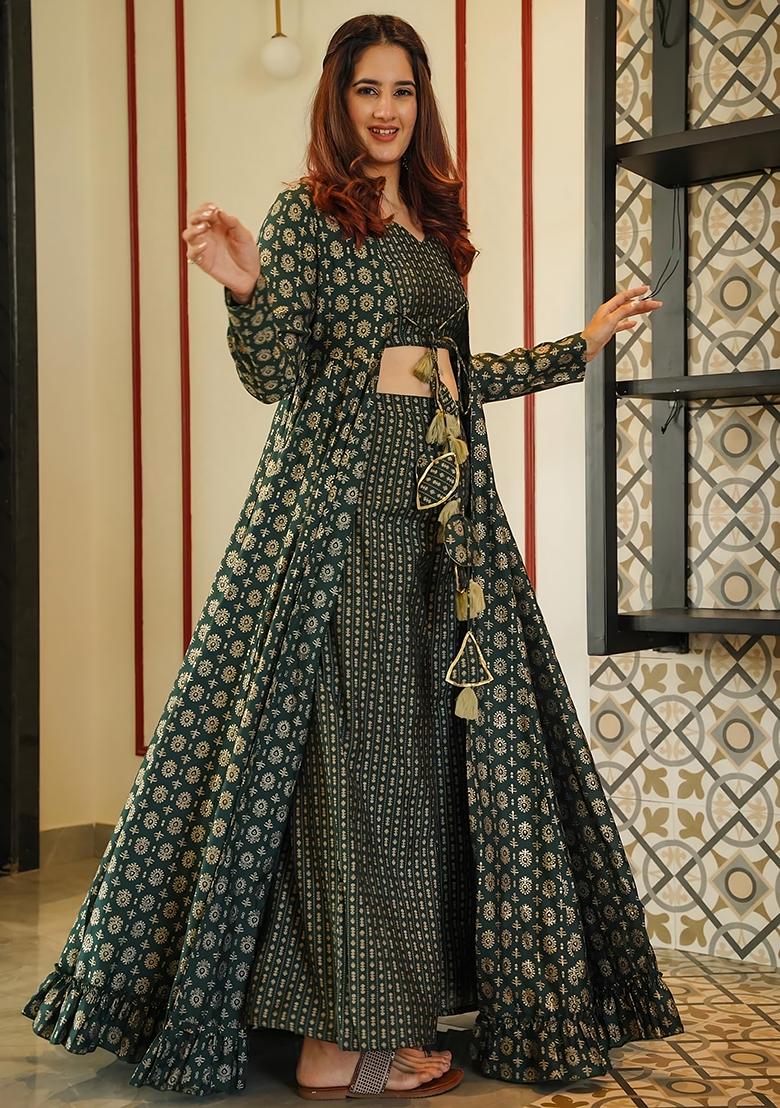 Green Printed Muslin Plazzo Set ( F Set)