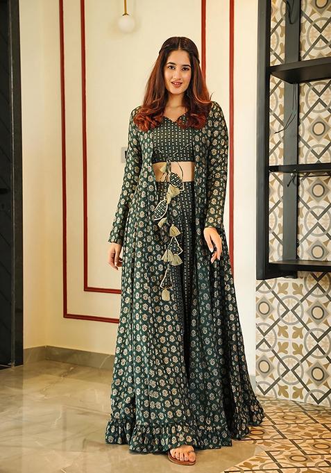Green Printed Muslin Plazzo Set