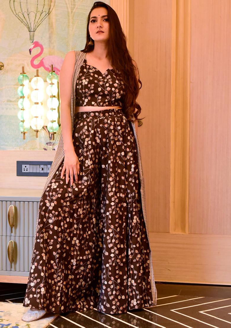 Wine Printed Muslin Plazzo Set ( F Set)