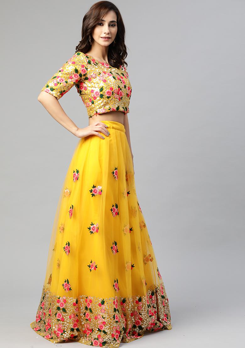 Yellow Embroidered Net Lehenga Set