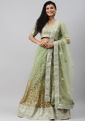 Green Sequin Embroidered Net Lehenga Set