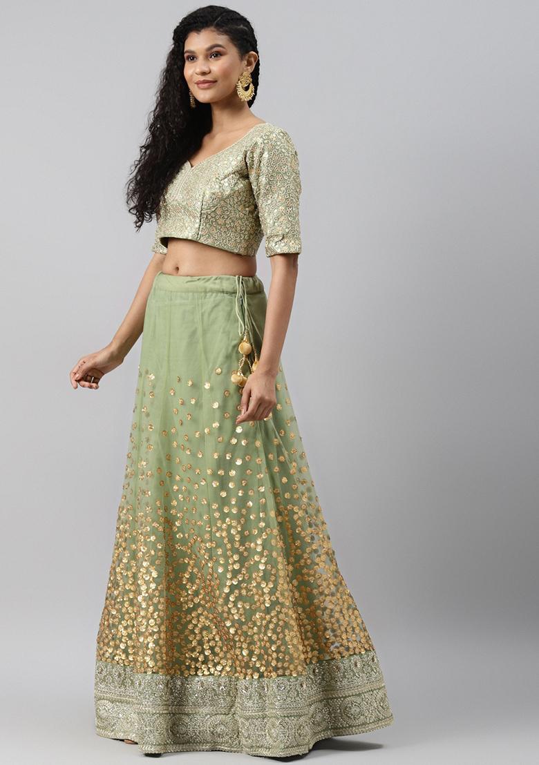 Green Sequin Embroidered Net Lehenga Set