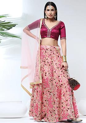 Peach Thread Embroidered Net Lehenga Set
