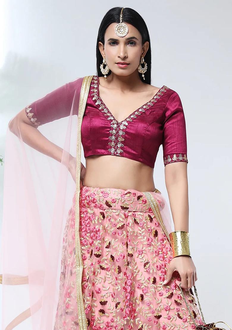 Peach Thread Embroidered Net Lehenga Set