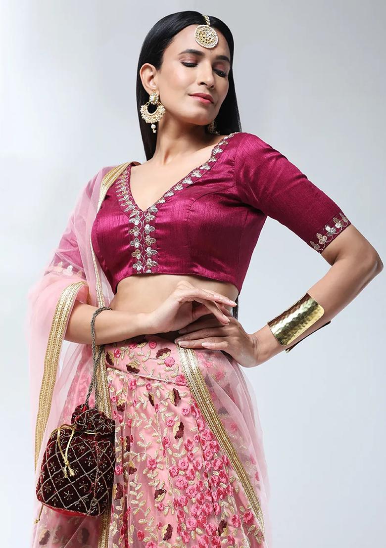 Peach Thread Embroidered Net Lehenga Set