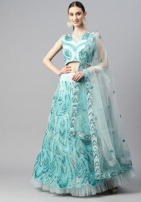 Sky Blue Thread Embroidered Net Lehenga Set