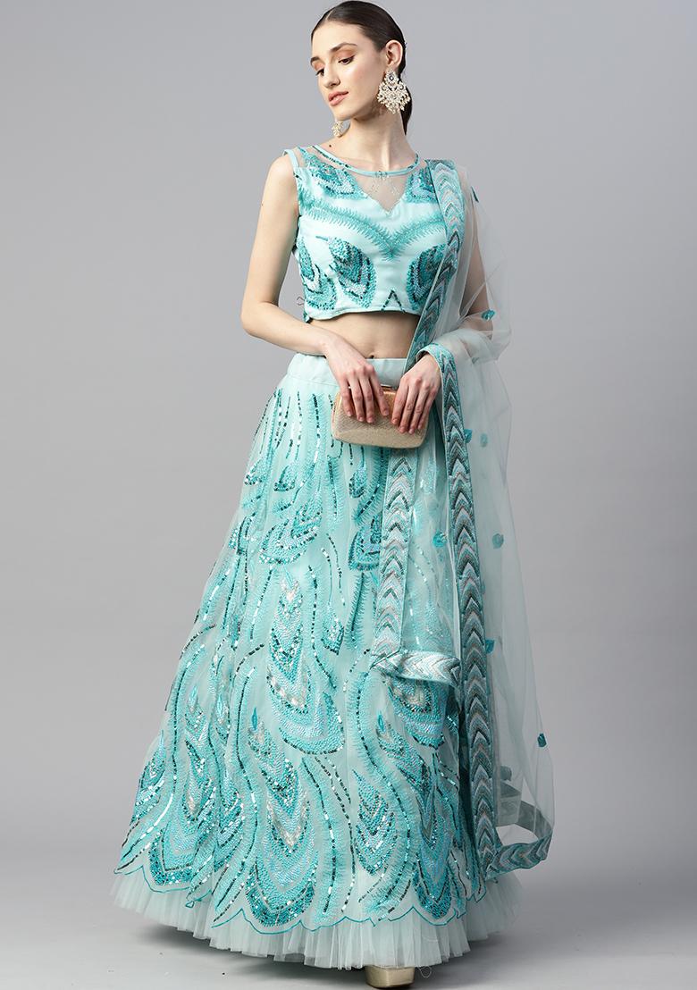 Sky Blue Thread Embroidered Net Lehenga Set
