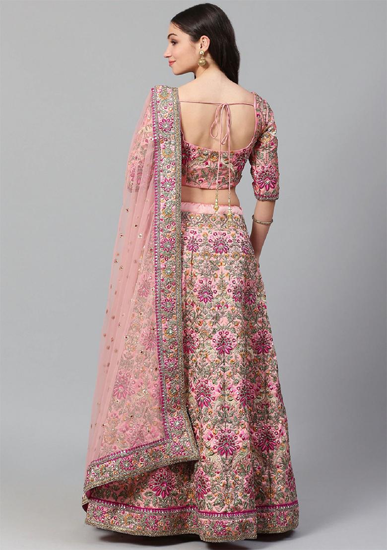 Pink Thread Embroidered Silk Lehenga Set