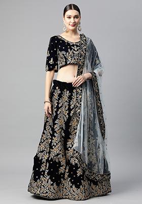 Navy Blue Zari Embroidered Velvet Lehenga Set