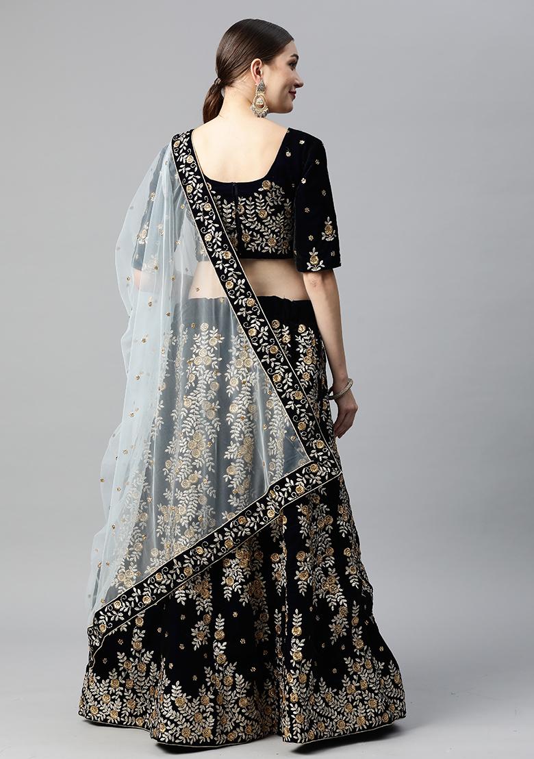 Navy Blue Zari Embroidered Velvet Lehenga Set
