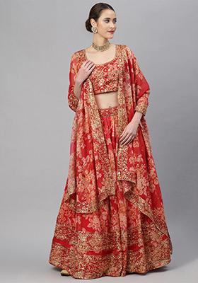 Red Sequin Embroidered Organza Lehenga Set