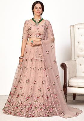 Dusty Pink Thread Embroidered Net Lehenga Set