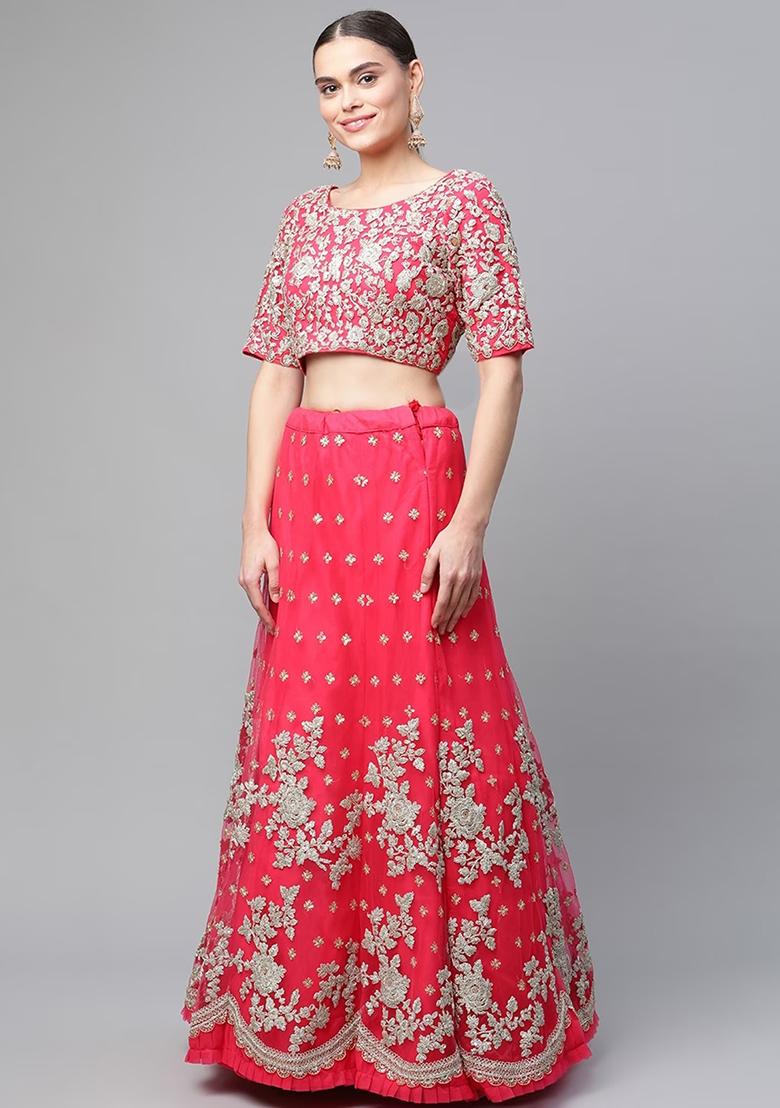 Pink Zari Embroidered Net Lehenga Set