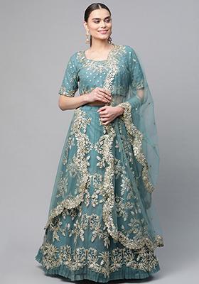 Turquoise Zari Embroidered Net Lehenga Set