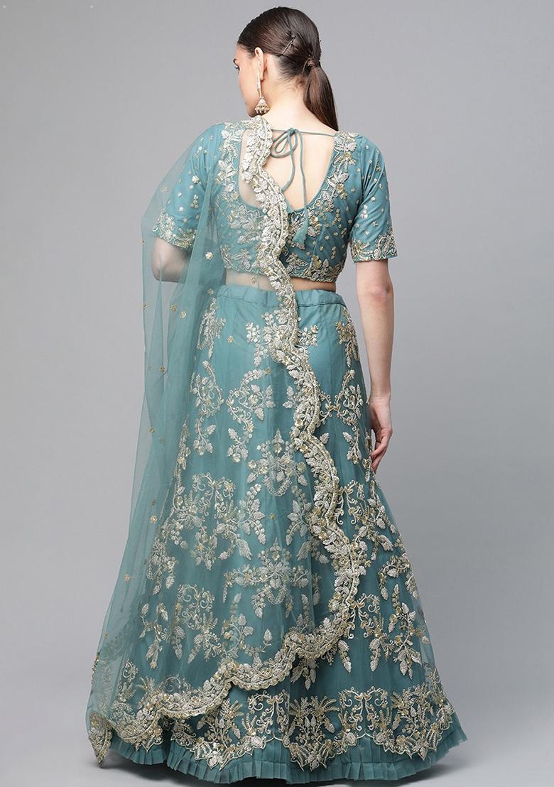 Turquoise Zari Embroidered Net Lehenga Set