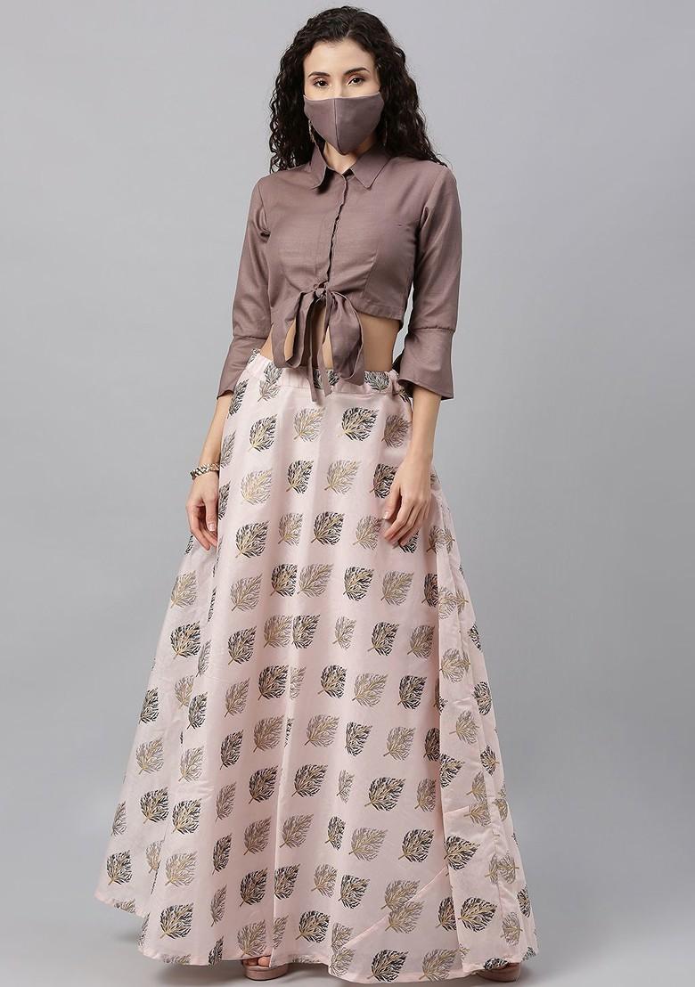 Brown Solid Poly Blend Lehenga Set