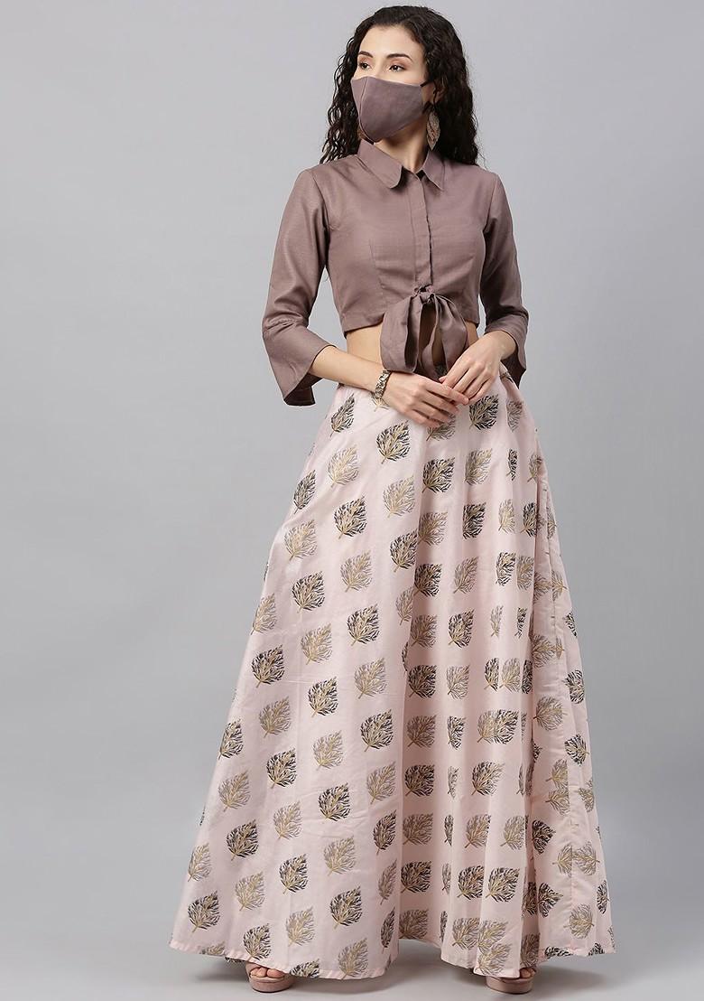 Brown Solid Poly Blend Lehenga Set