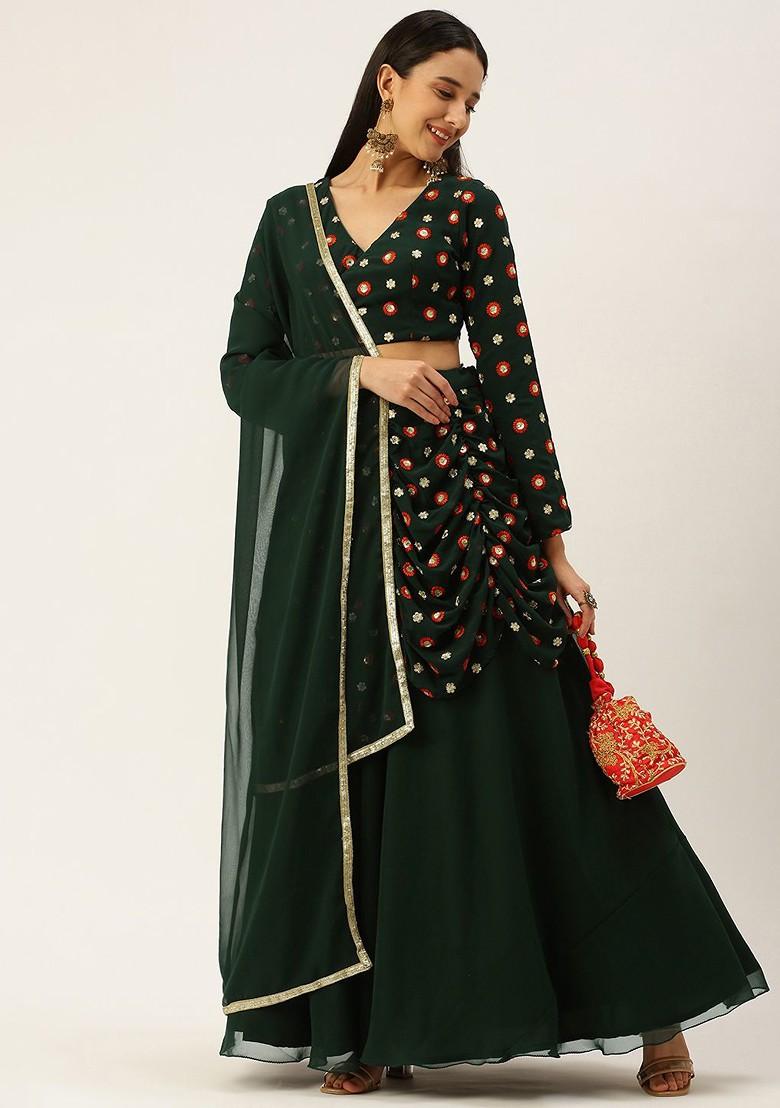Green Sequin Embroidered Poly Blend Lehenga Set