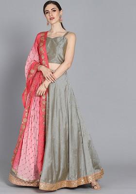 Grey Embroidered Poly Blend Lehenga Set