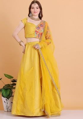 Yellow Thread Embroidered Poly Blend Lehenga Set