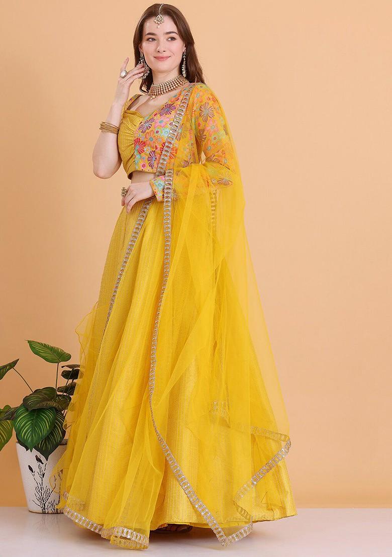 Yellow Thread Embroidered Poly Blend Lehenga Set