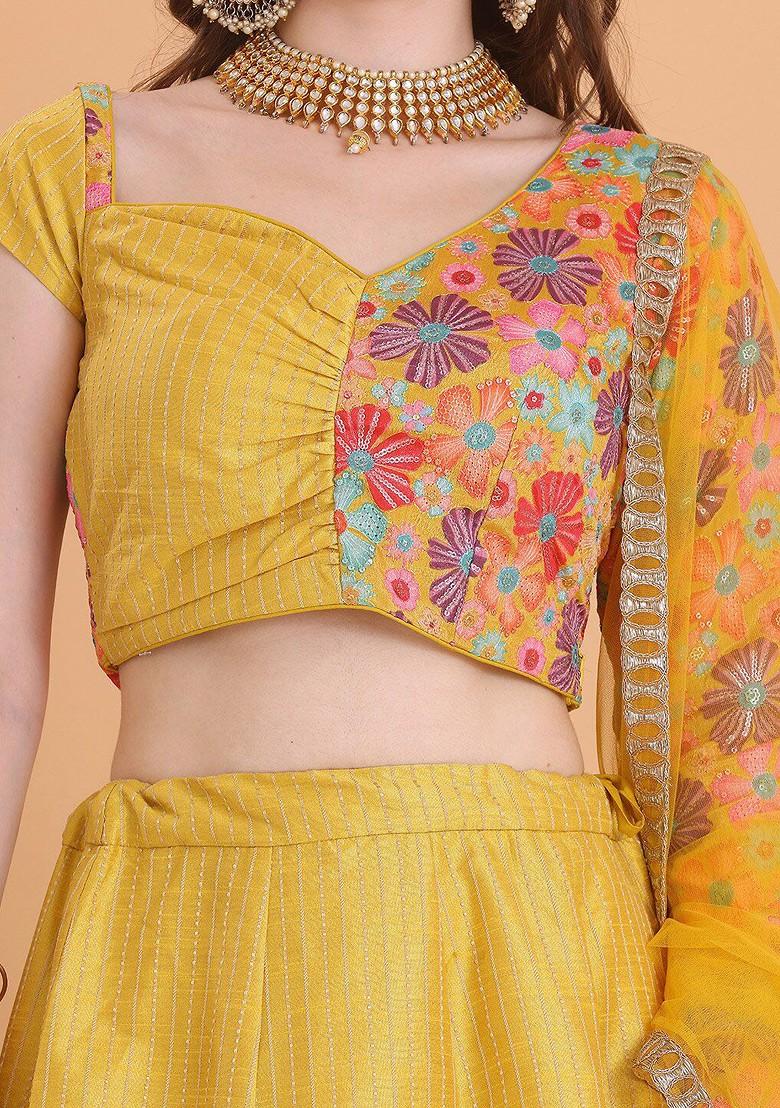 Yellow Thread Embroidered Poly Blend Lehenga Set