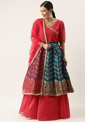Teal Solid Poly Blend Lehenga Set