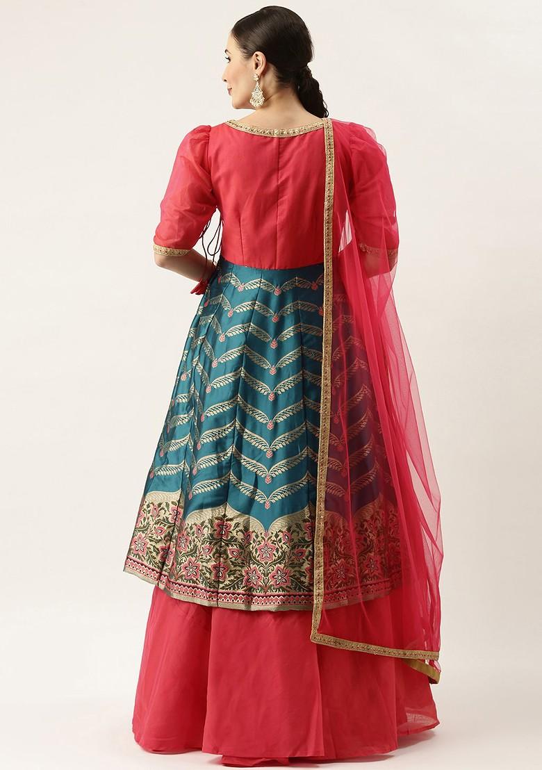 Teal Solid Poly Blend Lehenga Set