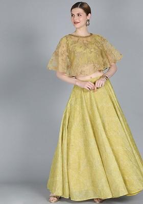 Olive Green Embroidered Poly Blend Lehenga Set