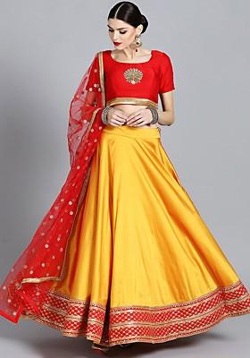 Red Solid Poly Blend Lehenga Set