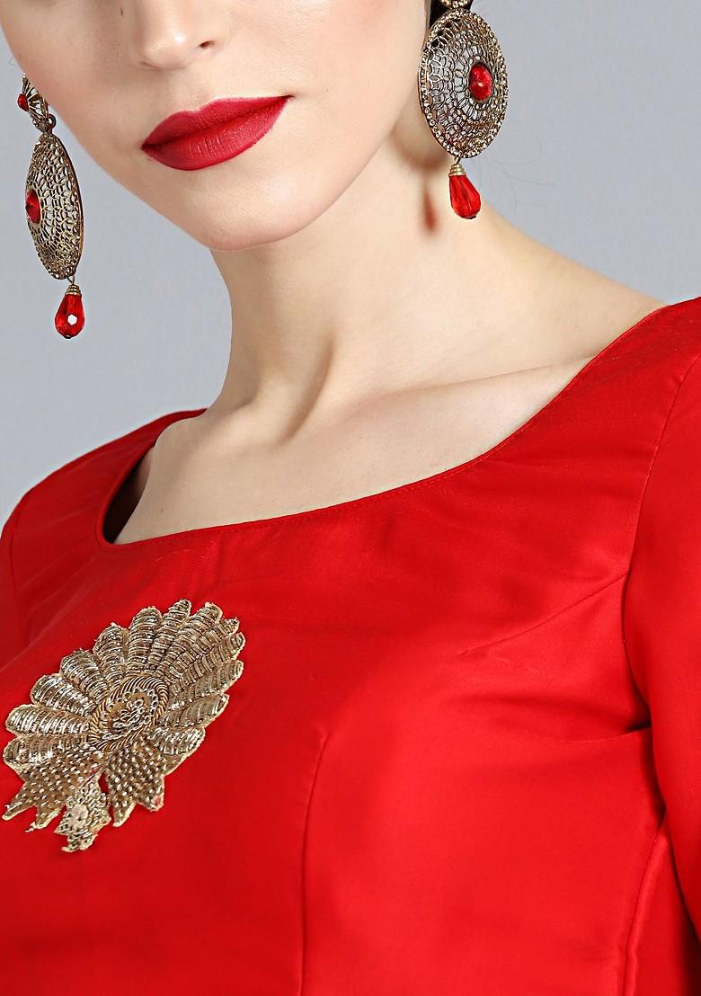 Red Solid Poly Blend Lehenga Set