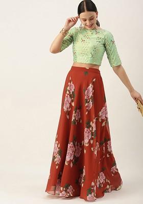 Green Embellished Poly Blend Lehenga Set